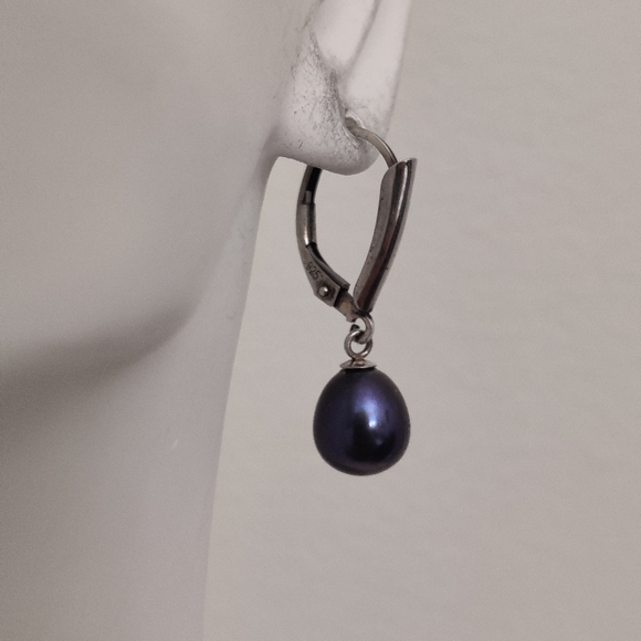 Genuine Black Pearls Dangling Silver 925 Earrings - Picture 3 of 12